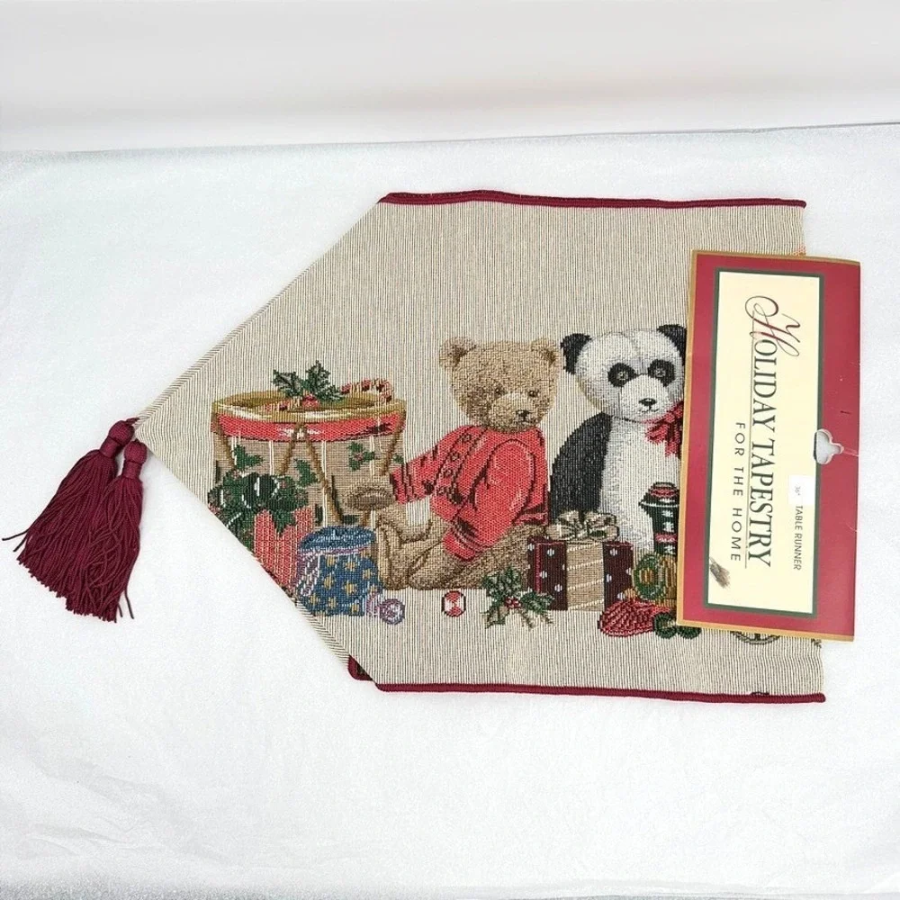 Natco Holiday Tapestry Table Runner Bears Tassels Christmas Decor 13x36 NEW